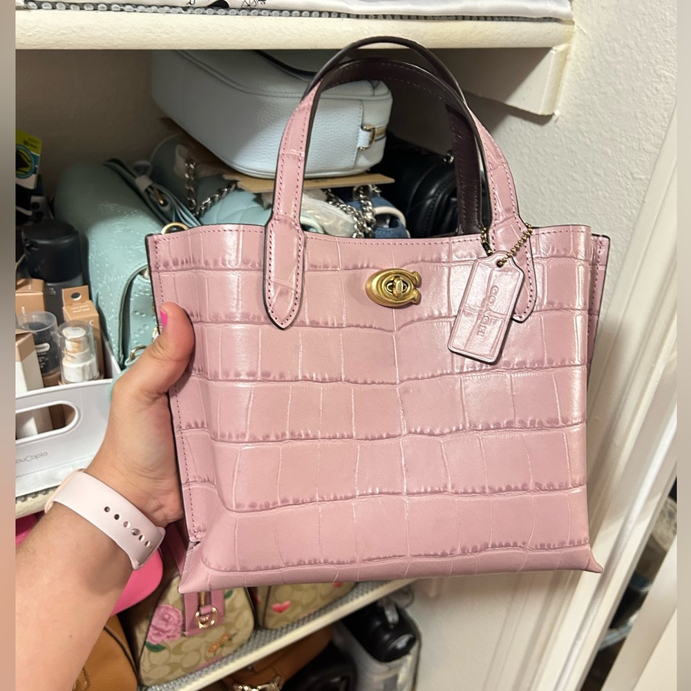 Coach Willow Tote 24 Croc-Embossed Leather Shoulder Bag Brass/Ice Purple